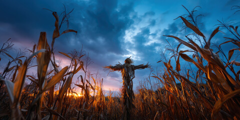 Scarecrow in dry cornfield at sunset with dramatic cloudy sky creating moody atmosphere