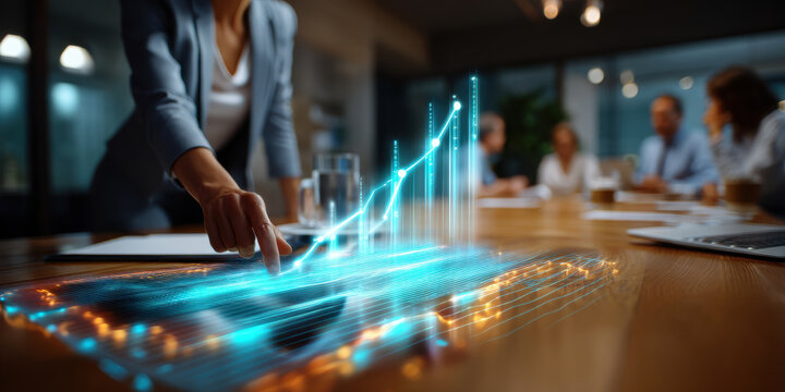 Businesswoman pointing at digital graph with rising data in meeting room with colleagues showing success and growth