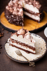 A piece of tiramisu cake with chocolate and whipped cream on dark background vertical photo