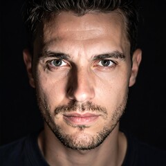 Obraz premium Close-up portrait of a man with a serious expression, set against a dark background, highlighting facial features and a thoughtful gaze.