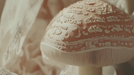Closeup Pink Mushroom with Intricate White Design Lace Texture