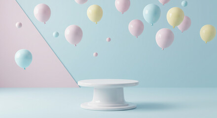 A serene studio shot presents a minimalist pedestal, adorned with a draped cloth, under an array of pastel-colored, floating orbs, creating a soft and dreamy atmosphere.