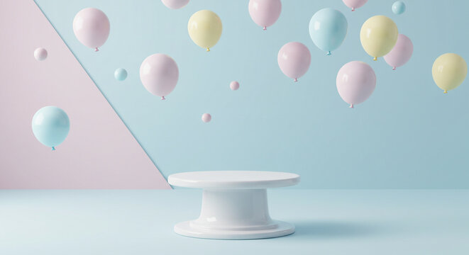 A serene studio shot presents a minimalist pedestal, adorned with a draped cloth, under an array of pastel-colored, floating orbs, creating a soft and dreamy atmosphere.