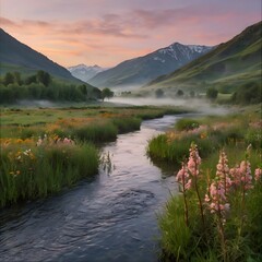 Calm Winding River at Sunrise with Misty Valley and Snowcapped Mountains | Ultra-Realistic 8K Landscape Photography.