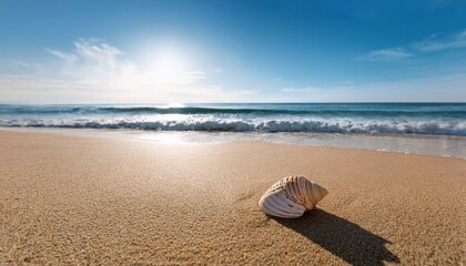 minimalistic shot of tranquil beach scene with lone seashell resting on untouched sand evoking relaxation and simplicity