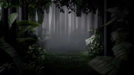 Mysterious Foggy Tropical Jungle Path, Lush Greenery, Dark Forest, Dense Vegetation, Tranquil Scene