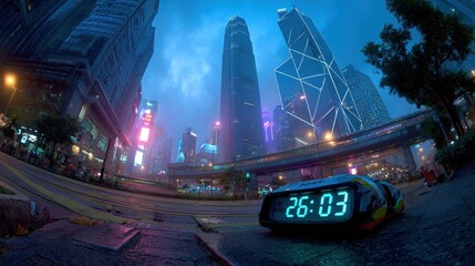 Digital clock in neon cityscape, modern time concept