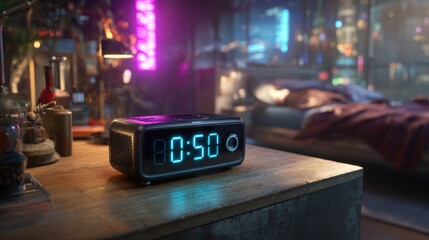 Digital clock in neon cityscape, modern time concept