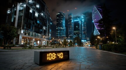 Digital clock in neon cityscape, modern time concept