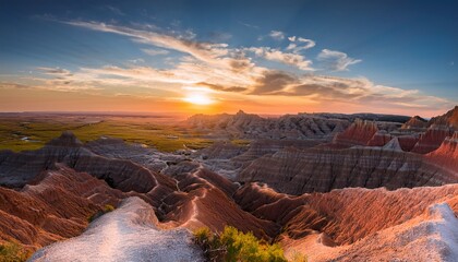 transformation of badlands at daybreak where its breathtaking canyons vivid colors and timeless allure converge to create an unparalleled natural wonder