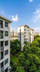 High-angle view of apartment buildings surrounding a lush green courtyard, bathed in natural light under a partly cloudy sky.