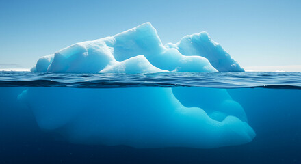 A stunning visual depicts a massive iceberg floating serenely on the ocean's , showcasing the beauty and power of nature's icy formations in a vast, open expanse.