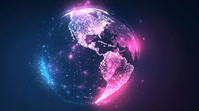 Digital glowing earth with bright neon lights and futuristic technology effect on dark background