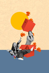 Composite sketch design artwork photo collage of couple two young woman sit box skateboard happy...