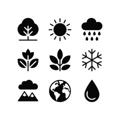 Nature weather and seasons icons set representing earth sun rain snow clouds plants and trees