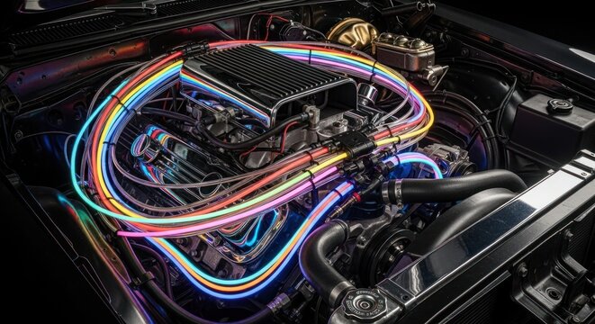 Rainbow Neon Engine Detail: Custom Classic Car Engine Bay