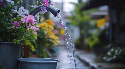 Water flowing from a pipe into flower pots in a narrow alley