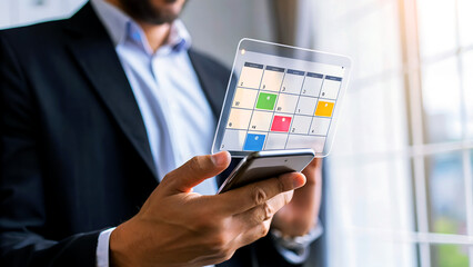 Businessman using a digital tablet with calendar application, representing schedule planning,...