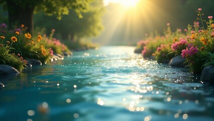Serene Stream with Sunlit Flowers.