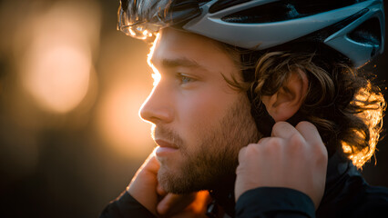 Cyclist prepares for ride, adjusting helmet with golden light highlighting his face.