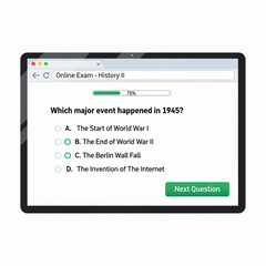 An online history exam on a tablet screen asking about major events in 1945, with the correct answer, 'The End of World War II,' selected.