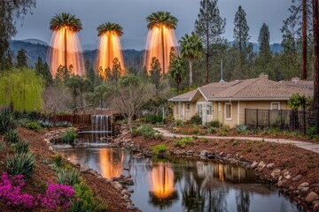 Fototapeta premium Palm trees with light displays over a tranquil garden