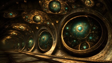 Mystical Golden Tunnel with Teal Celestial Orbs,  Abstract Fantasy Corridor Art