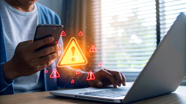 Cybersecurity threat warning on laptop and mobile phone screen, highlighting the importance of data protection and security awareness for business and personal use