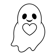 Adorable Cartoon Ghost with Heart:  Happy, Friendly, Black and White Line Art Illustration
