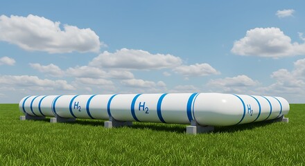 Hydrogen Pipeline with Blue Markings Resting on Green Field Under Cloudy Blue Sky