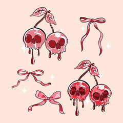 Cherry Skull with Bows – Gothic Coquette Halloween Illustration