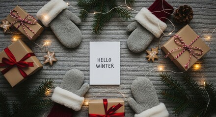 Cozy winter flatlay mittens, gifts, and greenery on a knitted backdrop