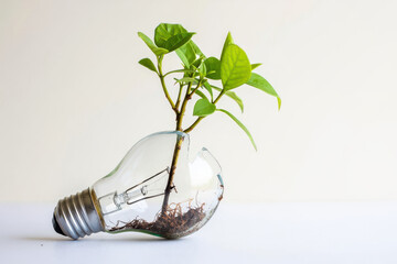 Innovative sustainability concept shows vibrant green plant growing from repurposed lightbulb, symbolizing creative solutions for environmental challenges and eco-friendly initiatives
