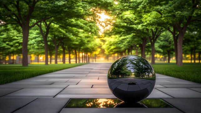 Reflective Sphere in Serene Tree Lined Park Path