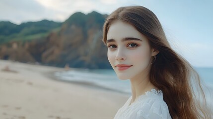 Beautiful Woman Beach Portrait Long Hair Summer Day