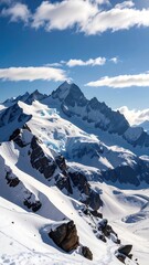 A breathtaking vista of snow-capped mountains under a vibrant blue sky, showcasing rugged peaks and glaciers.