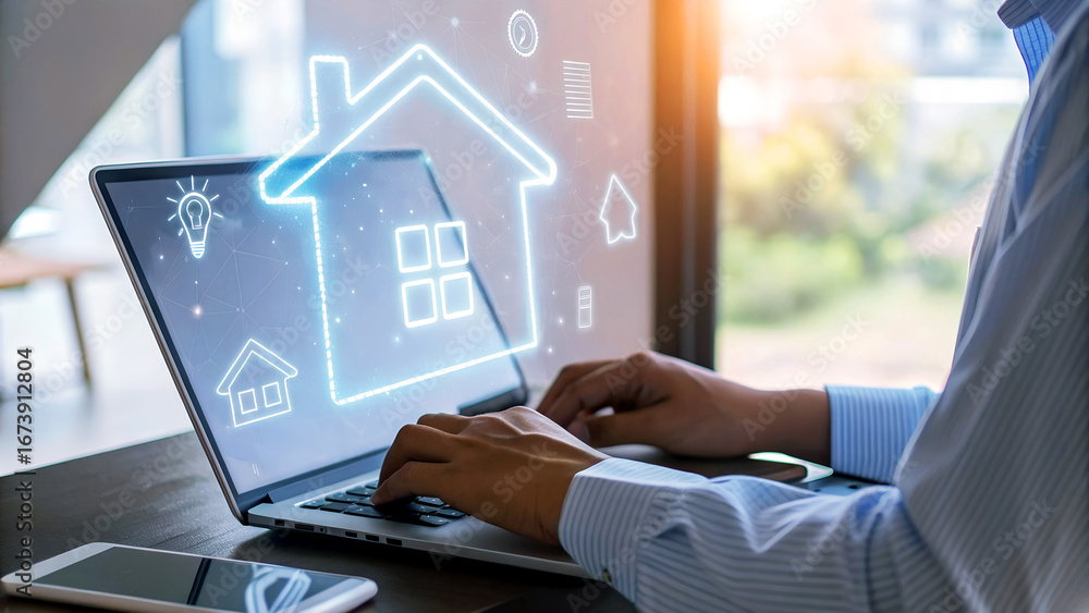 Poster man using laptop with smart home automation interface, showcasing modern technology and connectivity