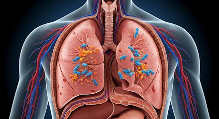 Human Lungs Illustration with Microbes in Red, Blue and Orange
