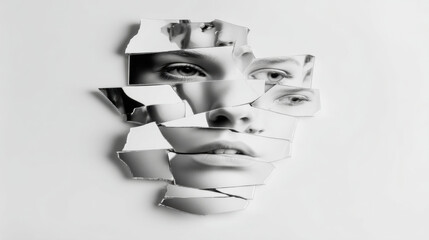 Scattered Face, A minimalist composition of multiple sharp shards of a mirror arranged in the approximate shape of a face, each reflecting  Isolated on a clean background. 