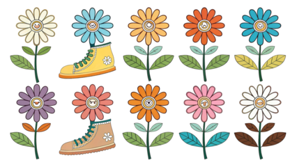 Set hippie daisy flower icons in vibrant solid colors, flat cartoon style, isolated on transparent.