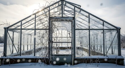 Fototapeta premium Abandoned greenhouse covered in snow during a cold winter day scene