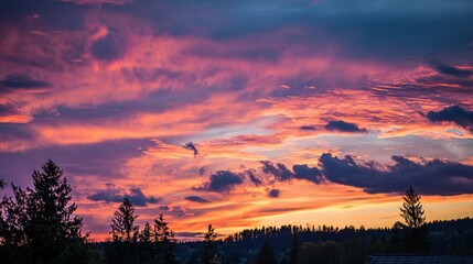 Obraz premium The vibrant sunset sky filled with shades of pink, purple, and orange, with clouds forming intricate patterns, further added to the overall beauty of the scene.