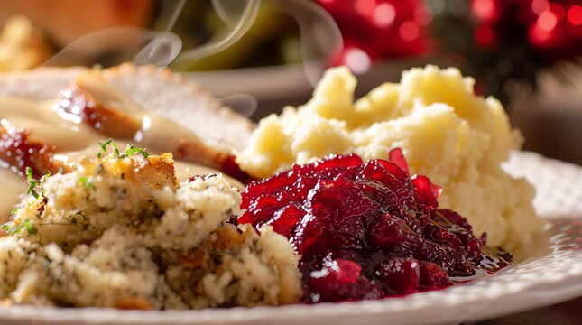 A festive plate showcasing stuffing, creamy mashed potatoes, and vibrant cranberry sauce, with steam rising, creating a warm atmosphere