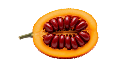 Cut Gac fruit reveals red seeds and orange flesh against a plain . - high quality Cut Gac fruit reveals red seeds and orange flesh against a plain .