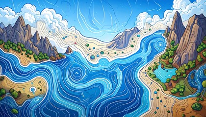A vibrant, detailed illustration of a stylized, aerial map featuring diverse landscapes, flowing water, and dramatic mountain ranges, showcasing a unique blend of colors and textures.