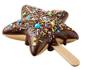 Star shaped chocolate ice cream bar with colorful candy sprinkles, wooden stick, and festive decoration, perfect for kids snack or party treat, joyful and playful dessert