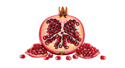 Cut pomegranate displaying seeds rests with scattered segments against a isolated background.