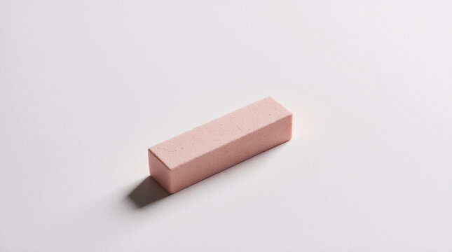 A fresh pink eraser with crisp edges is centered on a white background in a neat, minimal studio shot