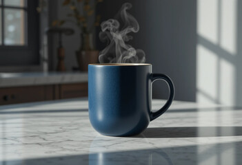 Matte Navy Blue Ceramic Coffee Mug with Steam on Marble Countertop