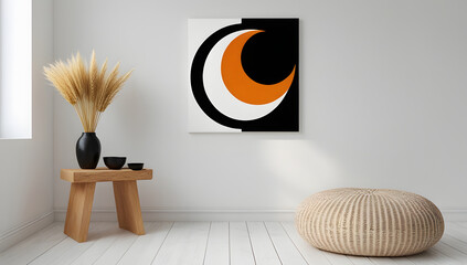 “Modern Minimalist Living Room with Abstract Wall Art, Wooden Stool, and Woven Pouf”